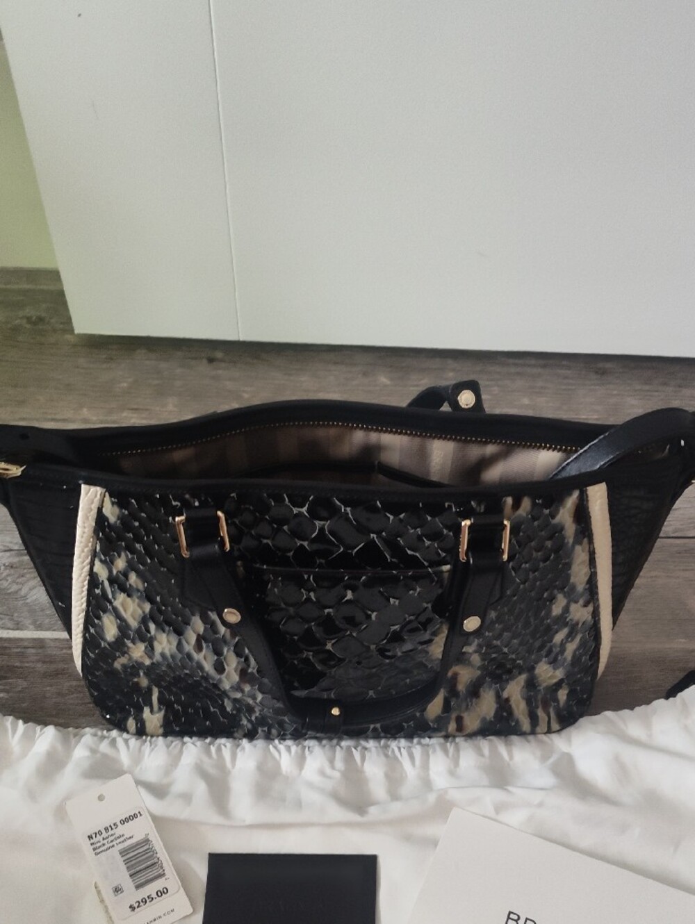 Brahmin Black & Cream Textured Shoulder Satchel with Tassel Charm - Picture 7 of 9